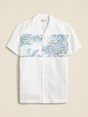 Men's White Short-Sleeve Casual Button-Down Cotton Linen Blue Tropical Print